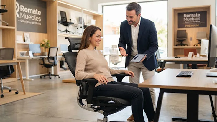 Asesor mostrando una silla ergonómica a una clienta en el showroom