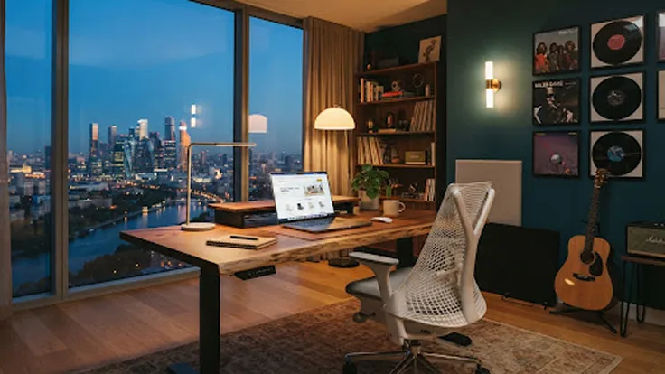 Home office nocturno con vista a la ciudad