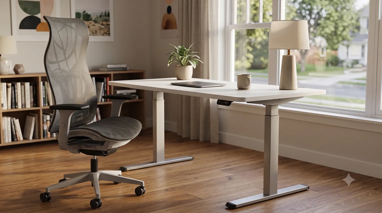 Home office con silla ergonómica y escritorio elevable
