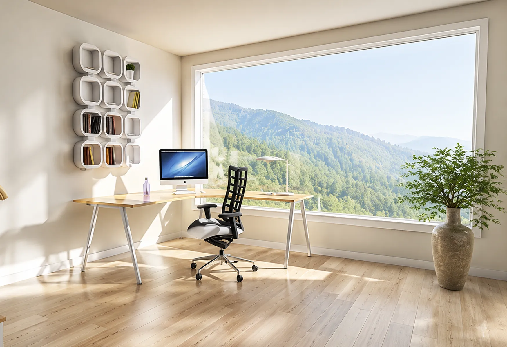 Setup completo de home office frente a una ventana con vista a la montaña